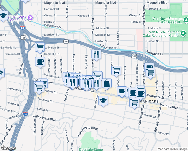 map of restaurants, bars, coffee shops, grocery stores, and more near 4620 Kester Avenue in Los Angeles