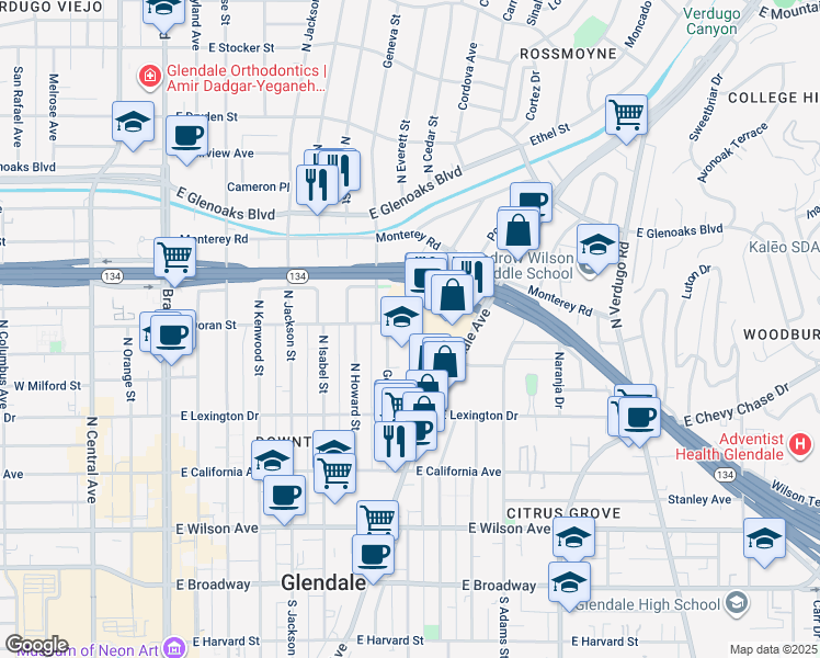 map of restaurants, bars, coffee shops, grocery stores, and more near 757 East Doran Street in Glendale