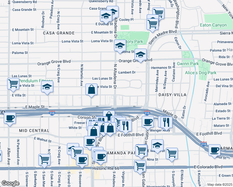 map of restaurants, bars, coffee shops, grocery stores, and more near 2530 Deodar Circle in Pasadena