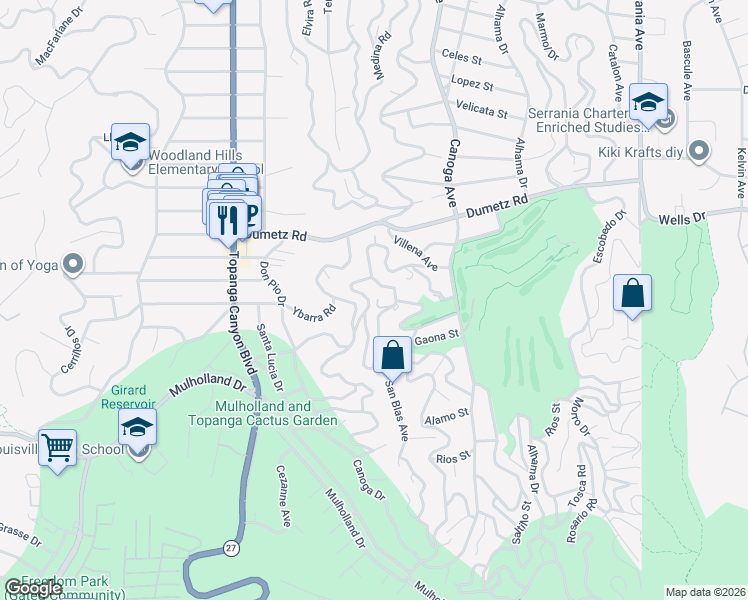 map of restaurants, bars, coffee shops, grocery stores, and more near 21672 Arcos Drive in Los Angeles