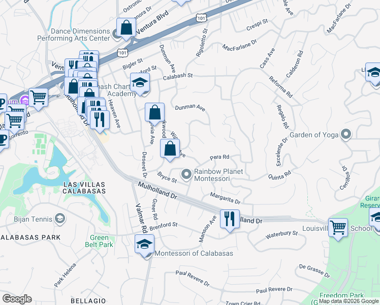 map of restaurants, bars, coffee shops, grocery stores, and more near 4635 Gershwin Place in Los Angeles