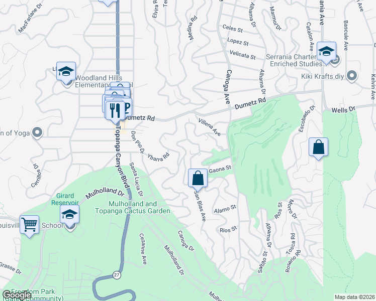 map of restaurants, bars, coffee shops, grocery stores, and more near 21672 Arcos Drive in Los Angeles