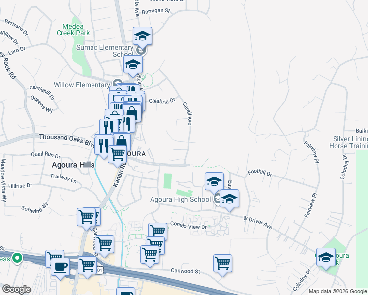map of restaurants, bars, coffee shops, grocery stores, and more near 5739 Carell Avenue in Agoura Hills