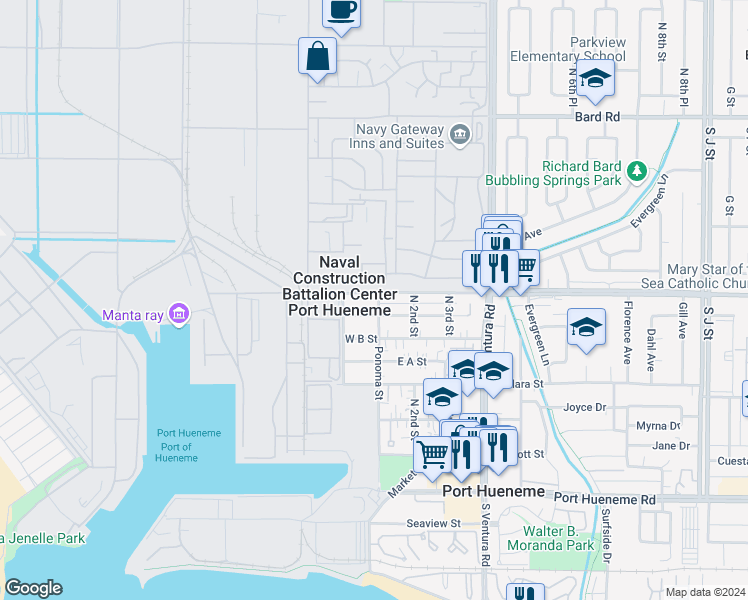 map of restaurants, bars, coffee shops, grocery stores, and more near 108 West Pleasant Valley Road in Port Hueneme