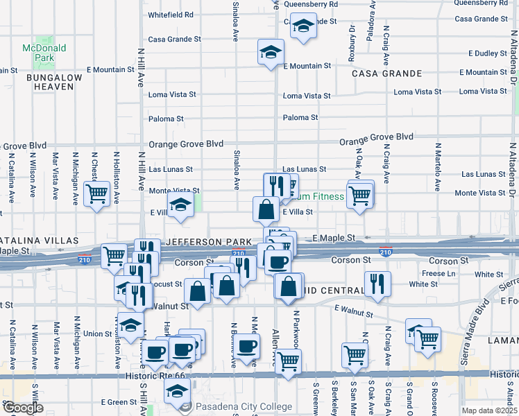 map of restaurants, bars, coffee shops, grocery stores, and more near 1757 East Villa Street in Pasadena