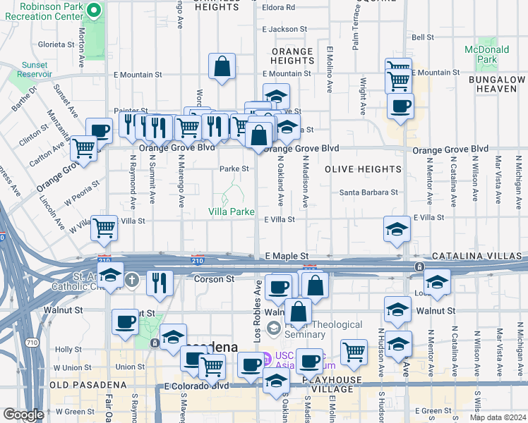 map of restaurants, bars, coffee shops, grocery stores, and more near 500 North Los Robles Avenue in Pasadena
