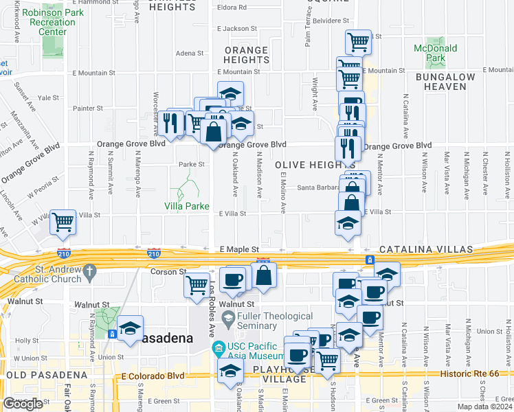 map of restaurants, bars, coffee shops, grocery stores, and more near 503 North Madison Avenue in Pasadena