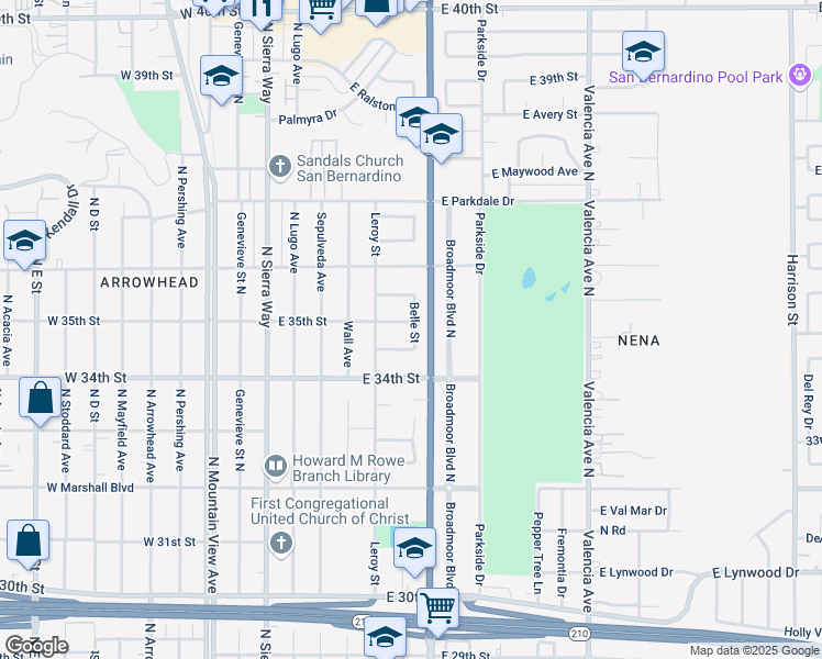 map of restaurants, bars, coffee shops, grocery stores, and more near 279 East 35th Street in San Bernardino