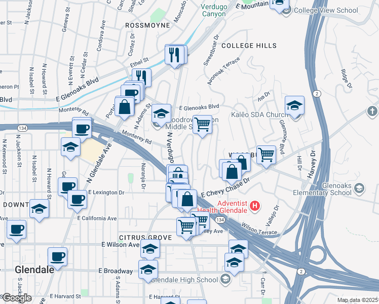 map of restaurants, bars, coffee shops, grocery stores, and more near 535 Woodbury Road in Glendale