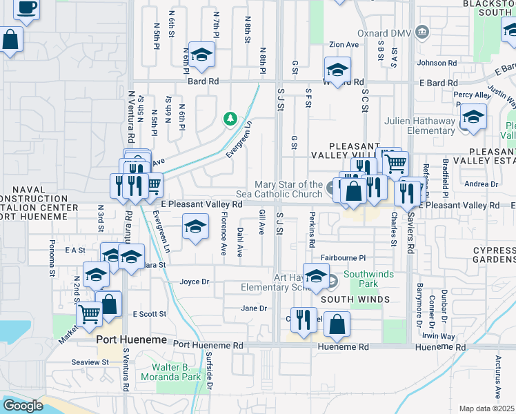 map of restaurants, bars, coffee shops, grocery stores, and more near 721 Gill Avenue in Port Hueneme