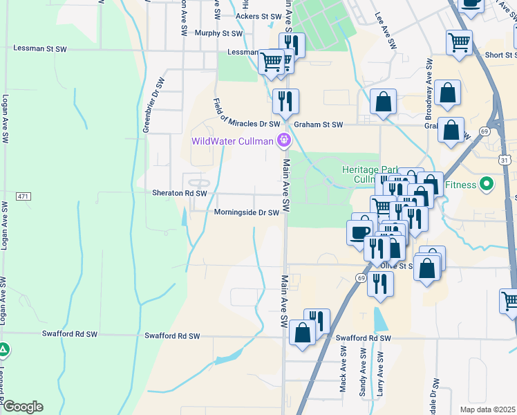 map of restaurants, bars, coffee shops, grocery stores, and more near 1019 Morningside Drive Southwest in Cullman