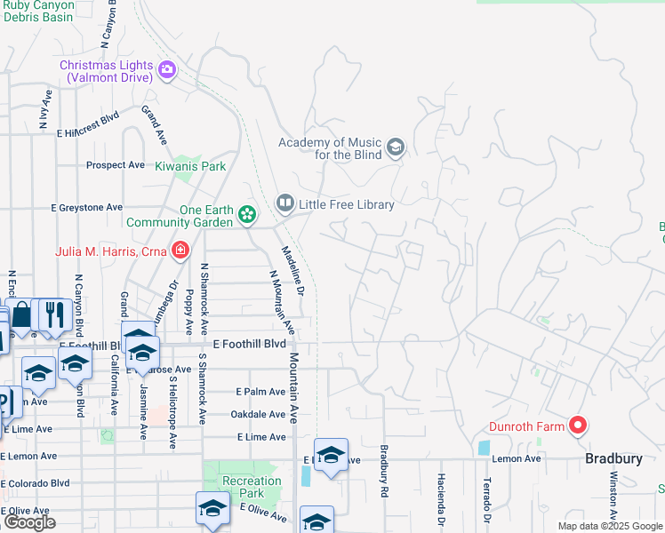 map of restaurants, bars, coffee shops, grocery stores, and more near 147 Sawpit Lane in Bradbury