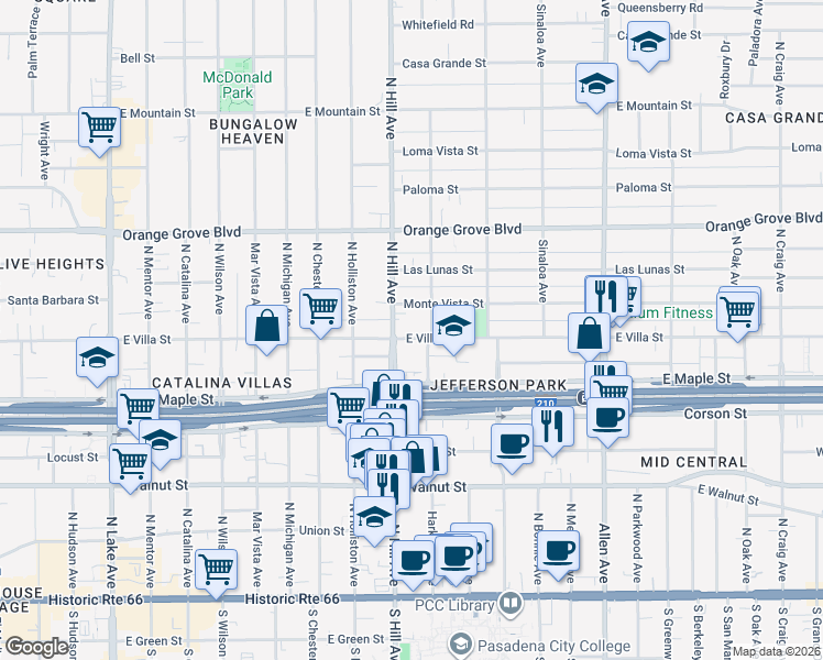map of restaurants, bars, coffee shops, grocery stores, and more near 1454 Monte Vista Street in Pasadena