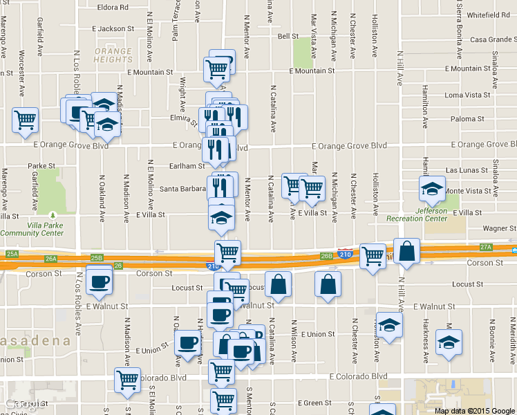 map of restaurants, bars, coffee shops, grocery stores, and more near 532 North Mentor Avenue in Pasadena