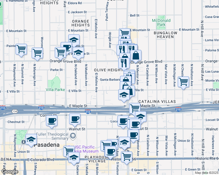 map of restaurants, bars, coffee shops, grocery stores, and more near 724 Santa Barbara Street in Pasadena