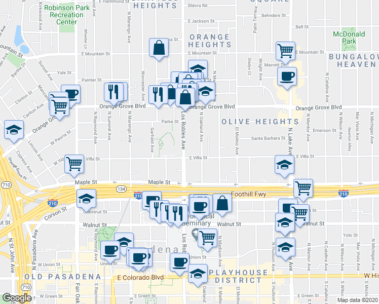 map of restaurants, bars, coffee shops, grocery stores, and more near 519 North Los Robles Avenue in Pasadena