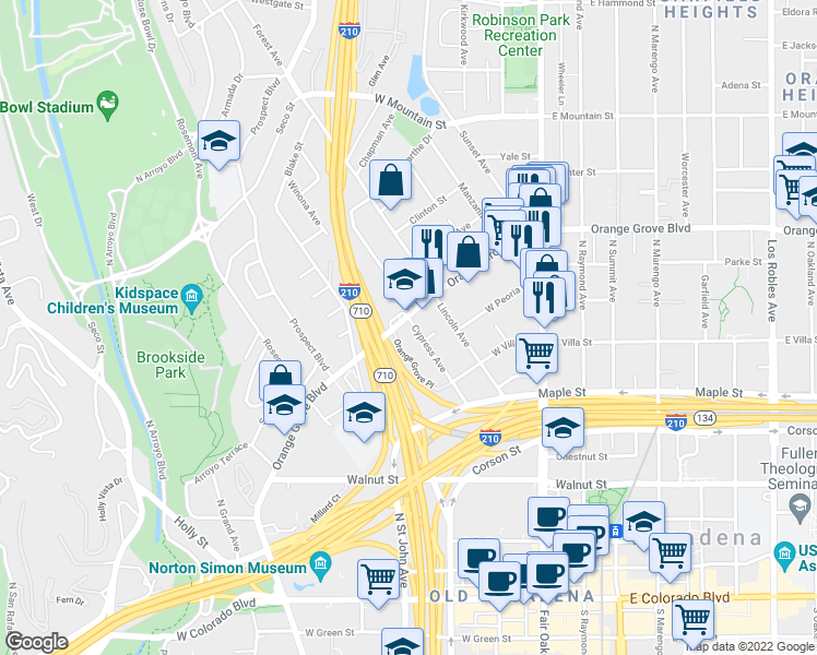 map of restaurants, bars, coffee shops, grocery stores, and more near 651 Orange Grove Boulevard in Pasadena