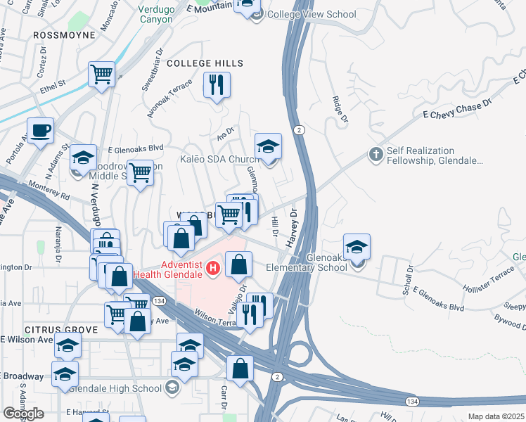 map of restaurants, bars, coffee shops, grocery stores, and more near 612 Corwin Avenue in Glendale