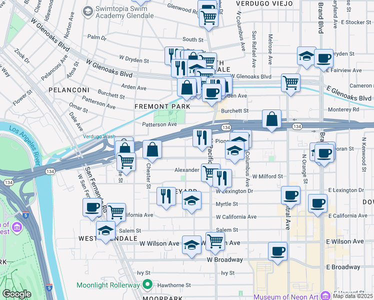 map of restaurants, bars, coffee shops, grocery stores, and more near 515 Pioneer Drive in Glendale