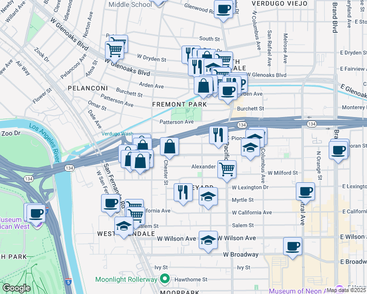 map of restaurants, bars, coffee shops, grocery stores, and more near in Glendale