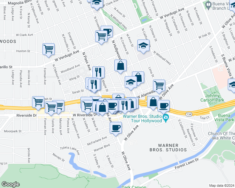 map of restaurants, bars, coffee shops, grocery stores, and more near 3810 West Heffron Drive in Burbank