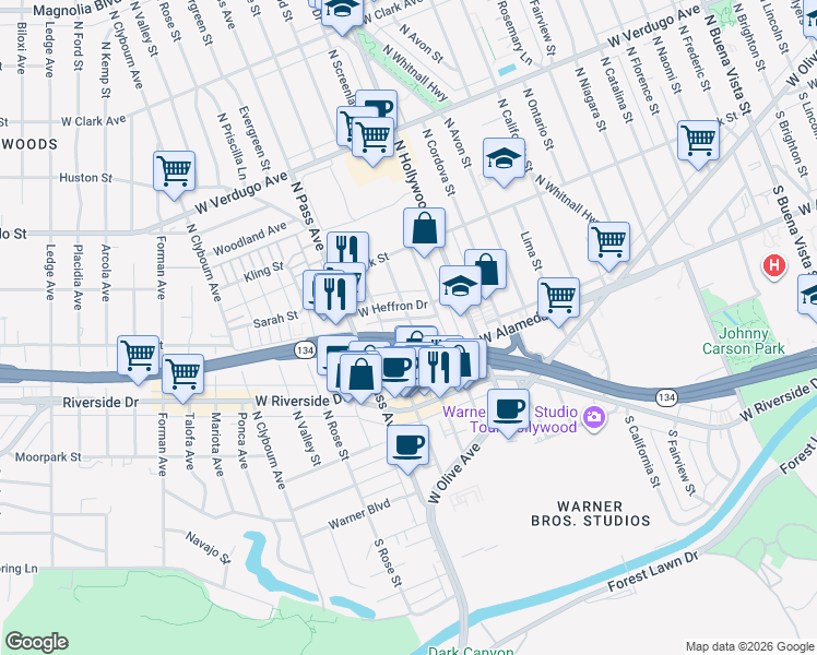 map of restaurants, bars, coffee shops, grocery stores, and more near 3810 West Heffron Drive in Burbank