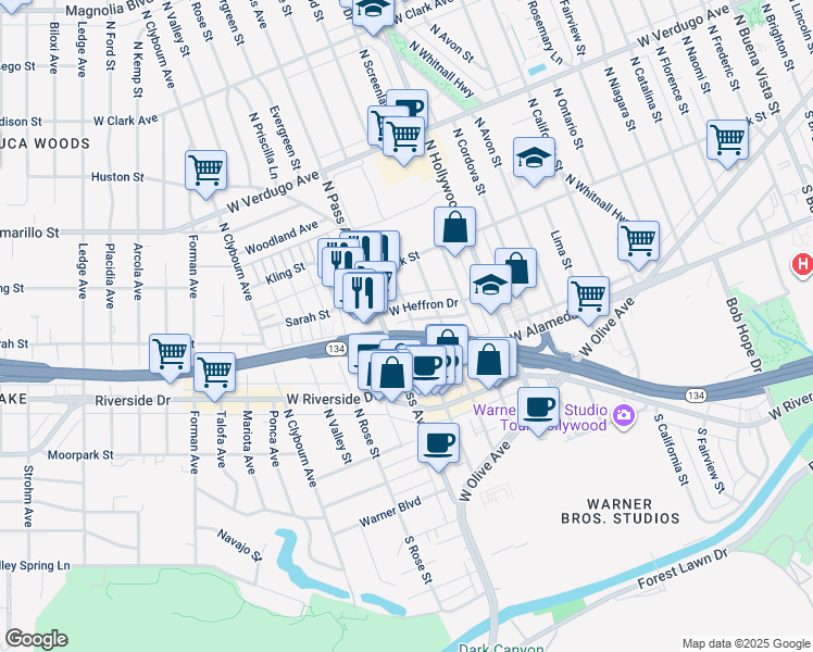 map of restaurants, bars, coffee shops, grocery stores, and more near 3918 West Heffron Drive in Burbank