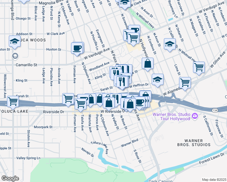 map of restaurants, bars, coffee shops, grocery stores, and more near 317 North Pass Avenue in Burbank