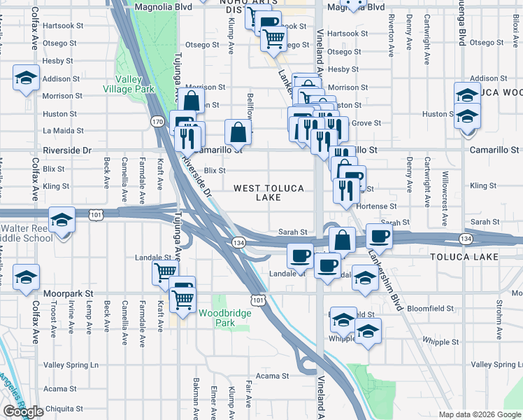 map of restaurants, bars, coffee shops, grocery stores, and more near in Los Angeles
