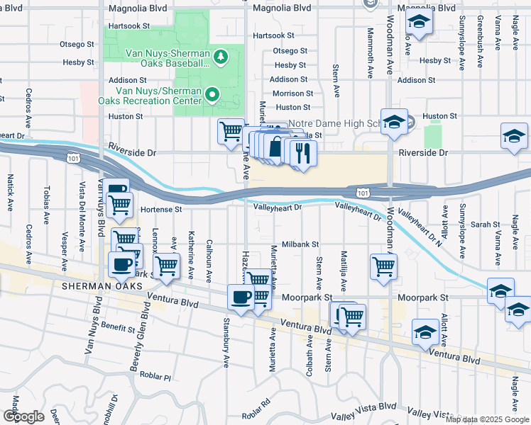 map of restaurants, bars, coffee shops, grocery stores, and more near 14056 Valleyheart Drive North in Los Angeles