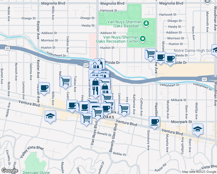 map of restaurants, bars, coffee shops, grocery stores, and more near 4605 Sylmar Avenue in Los Angeles