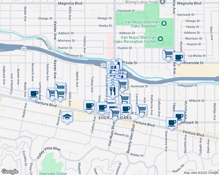 map of restaurants, bars, coffee shops, grocery stores, and more near 4610 Van Nuys Boulevard in Los Angeles