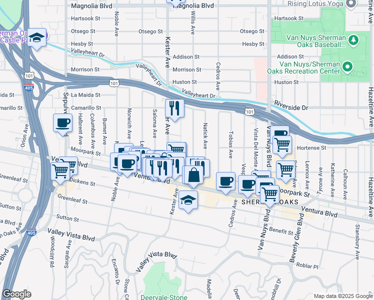 map of restaurants, bars, coffee shops, grocery stores, and more near 4650 Kester Avenue in Los Angeles