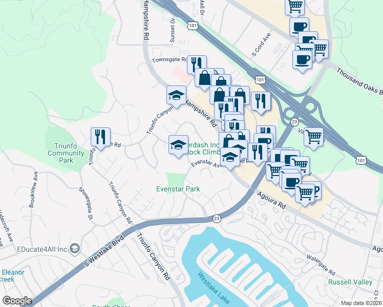 map of restaurants, bars, coffee shops, grocery stores, and more near 2351 Silver Spring Drive in Westlake Village
