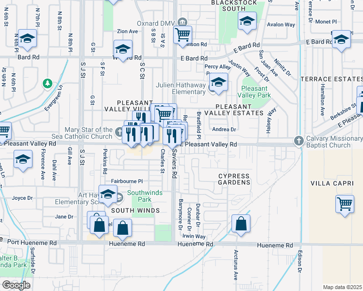 map of restaurants, bars, coffee shops, grocery stores, and more near 215 East Pleasant Valley Road in Oxnard