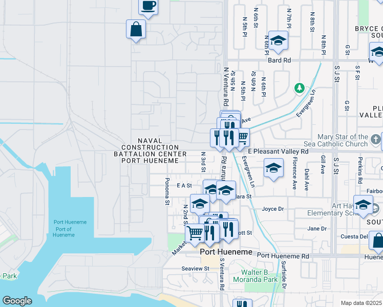 map of restaurants, bars, coffee shops, grocery stores, and more near 230 East Pleasant Valley Road in Port Hueneme