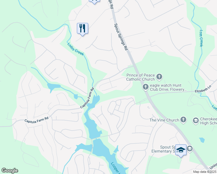 map of restaurants, bars, coffee shops, grocery stores, and more near 6614 Trailblazer Road in Flowery Branch