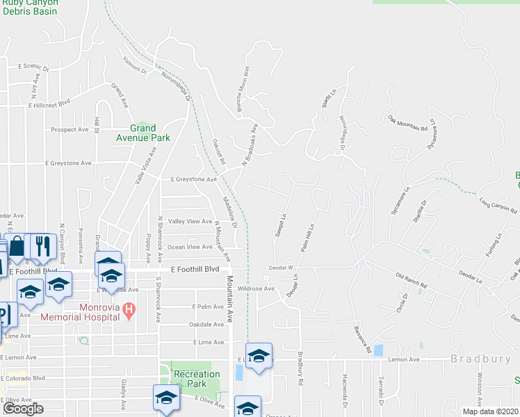 map of restaurants, bars, coffee shops, grocery stores, and more near 147 Sawpit Lane in Bradbury