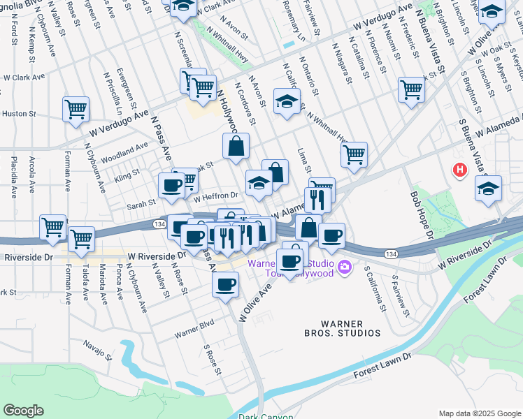 map of restaurants, bars, coffee shops, grocery stores, and more near 227 North Hollywood Way in Burbank