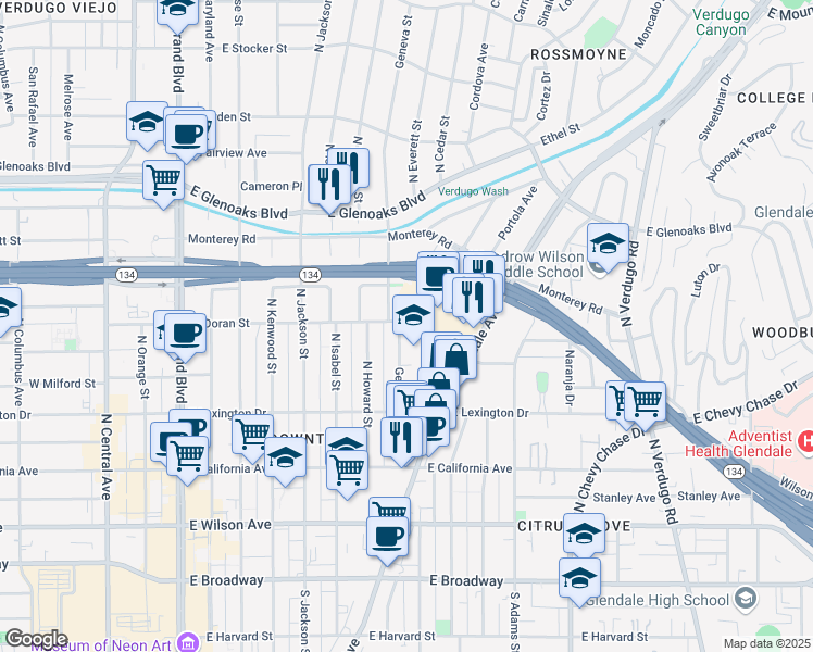 map of restaurants, bars, coffee shops, grocery stores, and more near 744 East Doran Street in Glendale