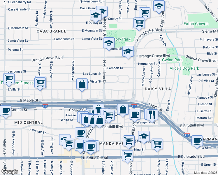 map of restaurants, bars, coffee shops, grocery stores, and more near 2530 Deodar Circle in Pasadena