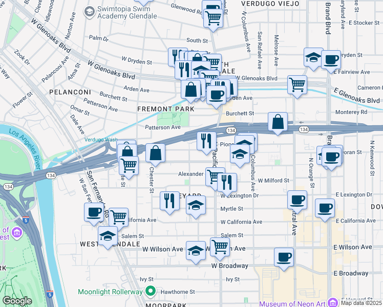 map of restaurants, bars, coffee shops, grocery stores, and more near 515 Pioneer Drive in Glendale