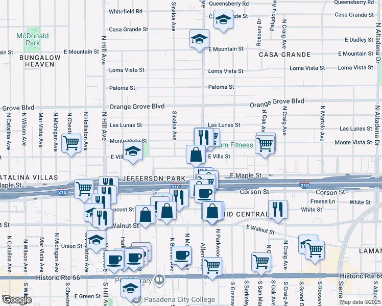 map of restaurants, bars, coffee shops, grocery stores, and more near 1740 Monte Vista Street in Pasadena