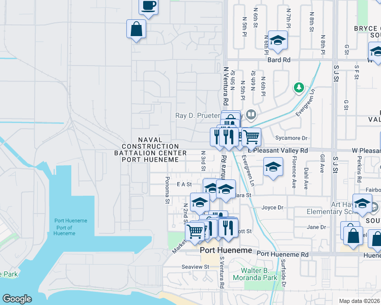 map of restaurants, bars, coffee shops, grocery stores, and more near 210 East Pleasant Valley Road in Port Hueneme
