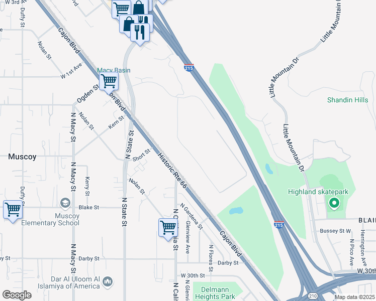 map of restaurants, bars, coffee shops, grocery stores, and more near North Mike Daley Drive in San Bernardino