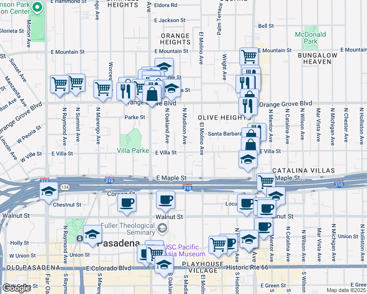 map of restaurants, bars, coffee shops, grocery stores, and more near 501 1/2 North Madison Avenue in Pasadena