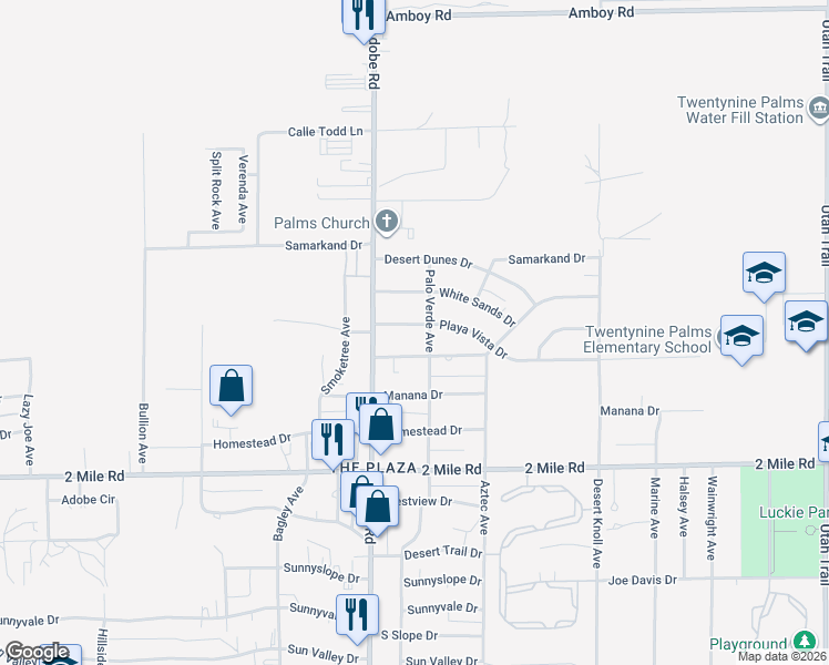 map of restaurants, bars, coffee shops, grocery stores, and more near 73792 Playa Vista Drive in Twentynine Palms
