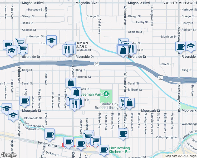 map of restaurants, bars, coffee shops, grocery stores, and more near 12700 Hortense Street in Los Angeles