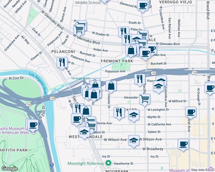 map of restaurants, bars, coffee shops, grocery stores, and more near 615 Chester Street in Glendale