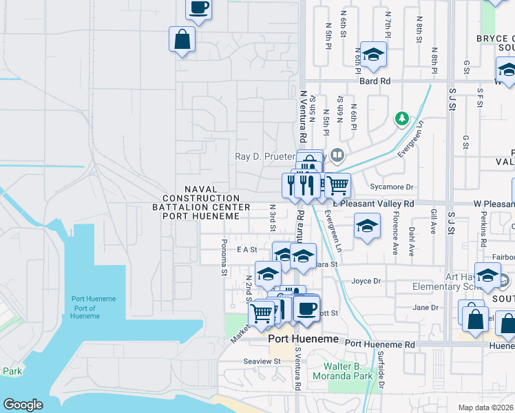 map of restaurants, bars, coffee shops, grocery stores, and more near 230 East Pleasant Valley Road in Port Hueneme